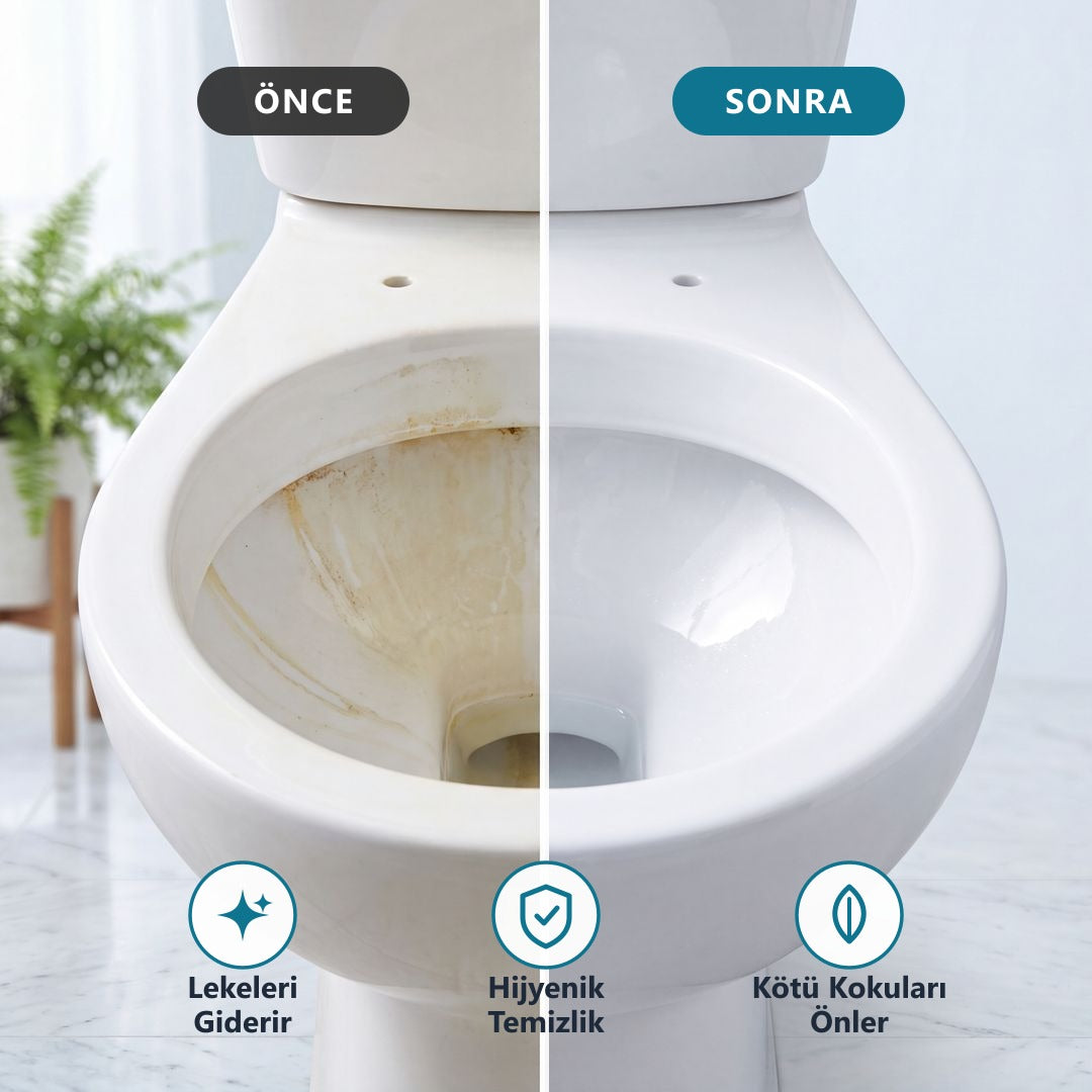 Klozet önce ve sonra — lekeleri giderir, hijyenik temizlik, kötü kokuları önler